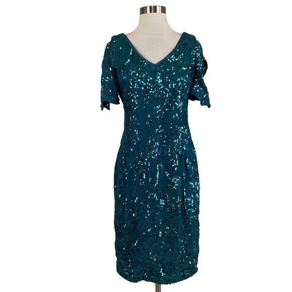 Alex Evenings Women's Cocktail Dress Size 6 Green Sequined Short Sleeve Sheath - Picture 1 of 12